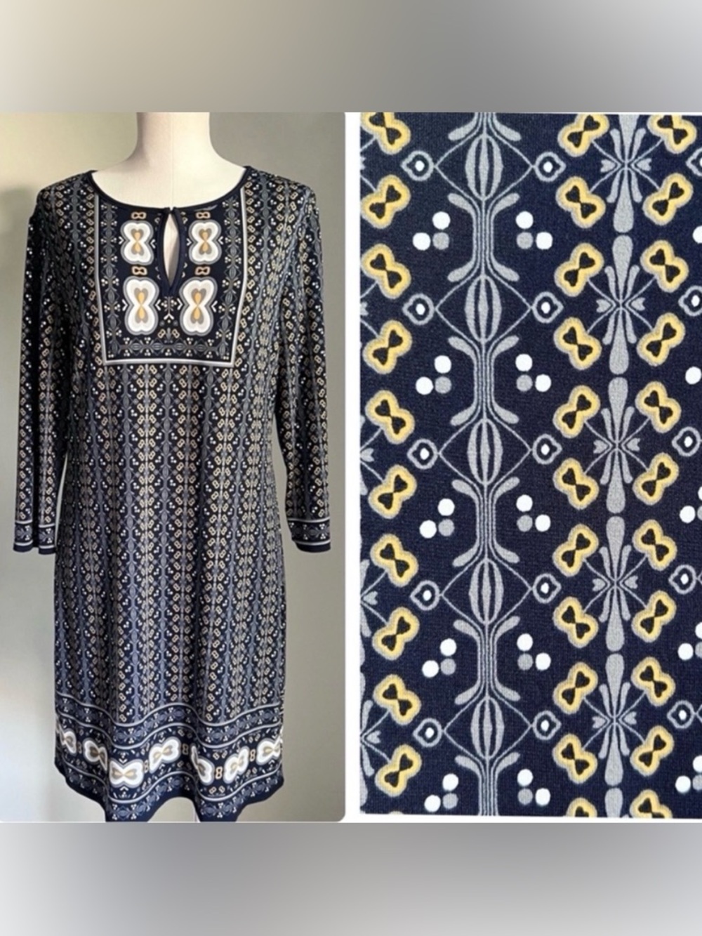 Max Studio Sheath Dress Sz L 3/4 Sleeve Floral Navy Yellow Stretch Travel Casual